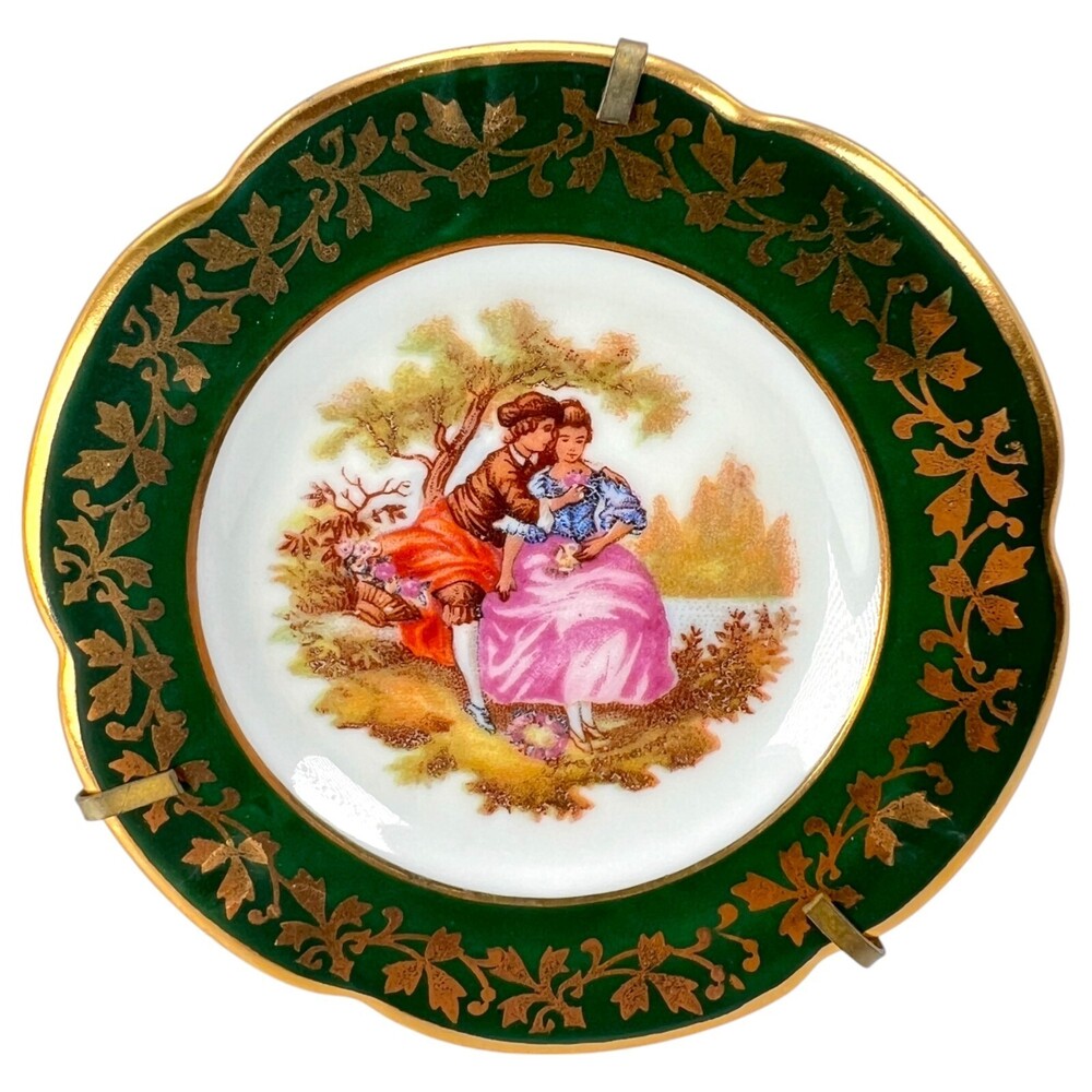 Limoges Miniature Plate Victorian Courting Couple Green and Gold 3-3/8” France